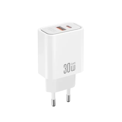 XO CE42 PD 30W hálózati töltő 1x USB-C, 1x USB + USB-C–USB-C kábel, fehér