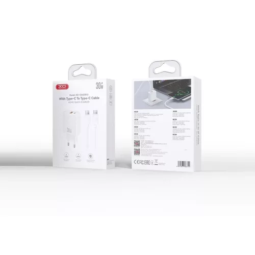XO CE42 PD 30W hálózati töltő 1x USB-C, 1x USB + USB-C–USB-C kábel, fehér