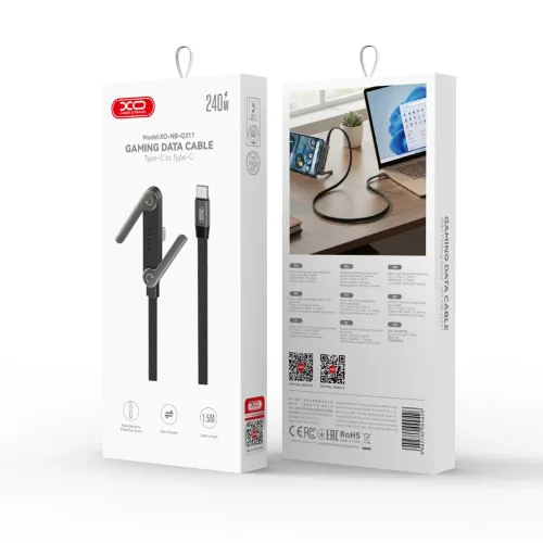 XO cable NB-Q311 PD USB-C–USB-C 1,5 m 240 W lapos kábel tartóval fekete