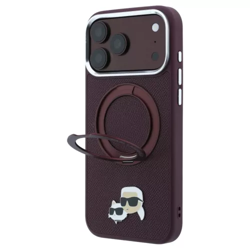 Karl Lagerfeld 360° gyűrűs tartóval Karl & Choupette Heads Pin MagSafe tok iPhone 18 Pro / 17 Pro készülékhez bordó
