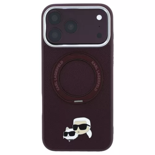 Karl Lagerfeld 360° gyűrűs tartóval Karl & Choupette Heads Pin MagSafe tok iPhone 18 Pro / 17 Pro készülékhez bordó