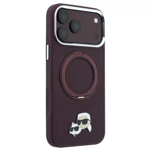 Karl Lagerfeld 360° gyűrűs tartóval Karl & Choupette Heads Pin MagSafe tok iPhone 18 Pro / 17 Pro készülékhez bordó