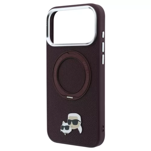 Karl Lagerfeld 360° gyűrűs tartóval Karl & Choupette Heads Pin MagSafe tok iPhone 18 Pro / 17 Pro készülékhez bordó