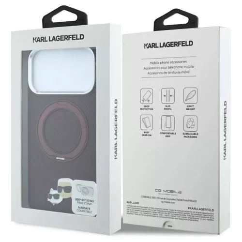 Karl Lagerfeld 360° gyűrűs tartóval Karl & Choupette Heads Pin MagSafe tok iPhone 18 Pro / 17 Pro készülékhez bordó