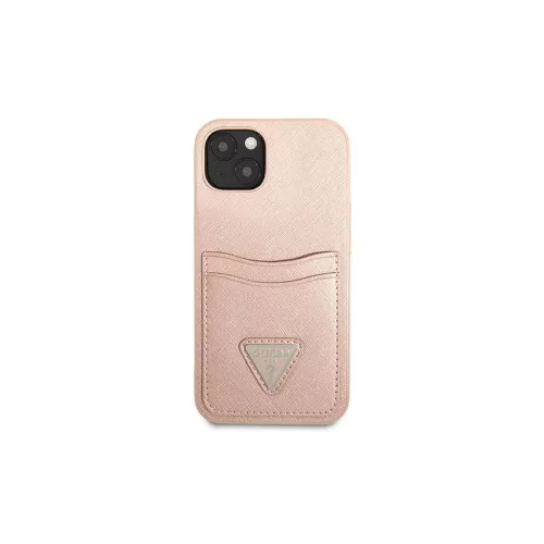 Guess GUHCP13MPSATPP iPhone 13 / 14 / 15 6.1" készülékhez kemény tok SaffianoTriangle Logo Cardslot rózsaszín