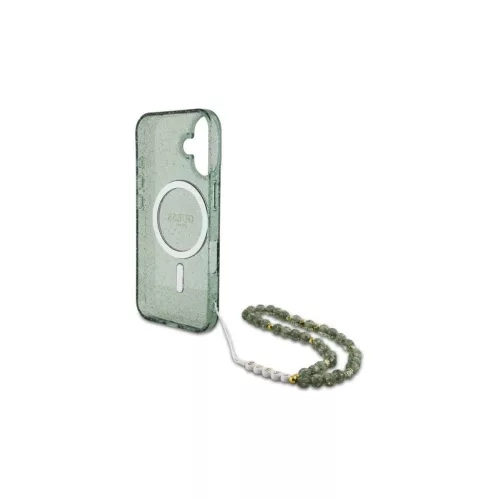 Guess GUHMP16SHGCRELSA iPhone 16 6.1 készülékhez kemény tok IML Glitter With Pearl Strap MagSafe zöld