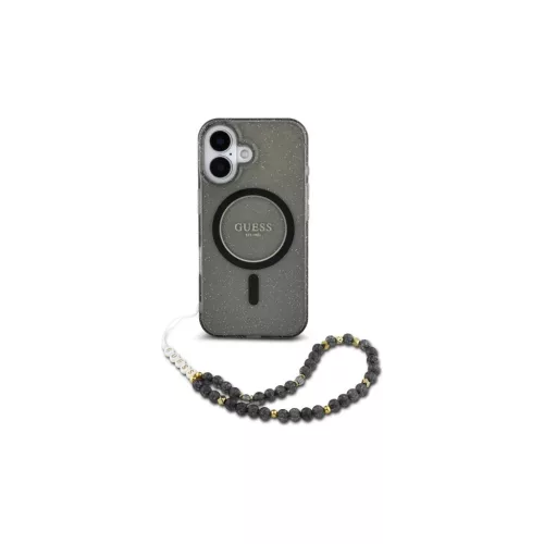 Guess GUHMP16SHGCRELSK iPhone 16 6.1" készülékhez kemény tok IML Glitter With Pearl Strap MagSafe fekete