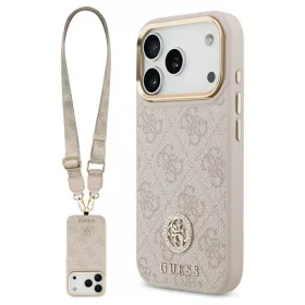   Guess 4G Strass Logo & Big Strap tok – Metal Buttons MagSafe, iPhone 17 Pro készülékhez – rózsaszín