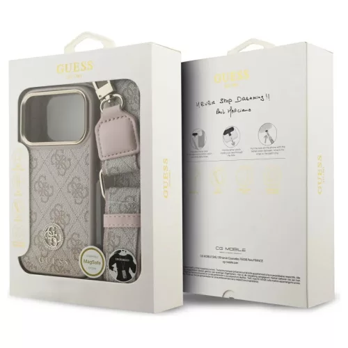 Guess 4G Strass Logo & Big Strap tok – Metal Buttons MagSafe, iPhone 17 Pro készülékhez – rózsaszín