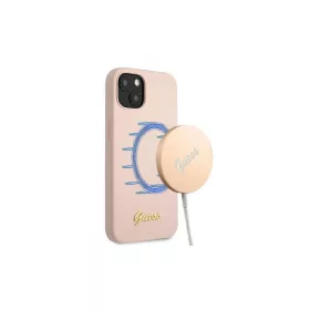   Guess GUHMP13MLSLMGLP iPhone 13 / 14 /15 6,1" készülékhez kemény tok Silicone Script Gold Logo Magsaf világos rózsaszín