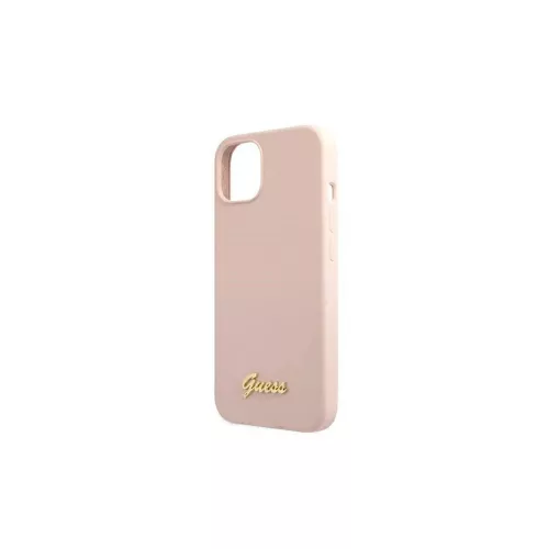 Guess GUHMP13MLSLMGLP iPhone 13 / 14 /15 6,1" készülékhez kemény tok Silicone Script Gold Logo Magsaf világos rózsaszín