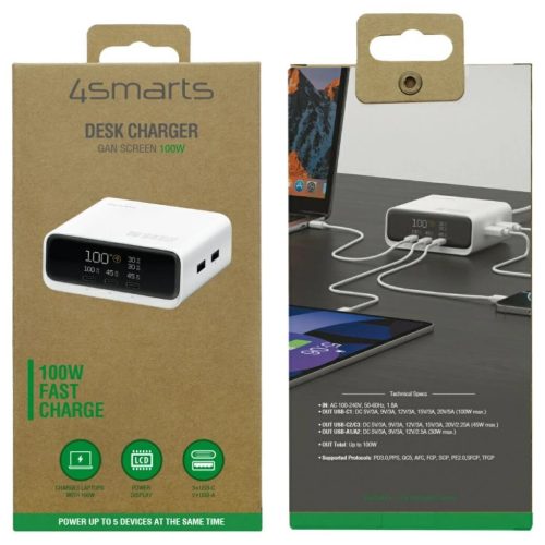 4smarts asztali töltőállomás GaN Screen 100W 3xUSB-C+2xUSB-A fehér