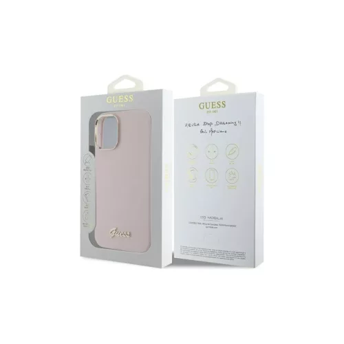 Guess GUHCP16SSMBSLP iPhone 16 6.1" készülékhez kemény tok Silicone Script Metal Logo & Frame rózsaszín