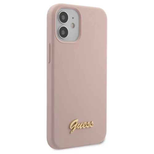 Guess GUHCP12SLSLMGLP iPhone 12 mini készülékhez keménytok Silicone Script Gold Logo világos rózsaszín