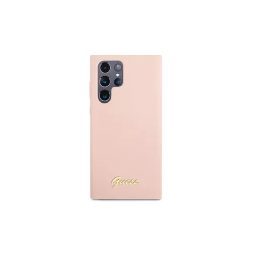 Guess GUHCS23LLSLMGPP S23 Ultra S918 készülékhez kemény tok Silicone Script Metal Logo rózsaszín