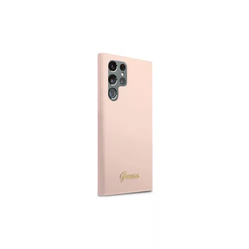 Guess GUHCS23LLSLMGPP S23 Ultra S918 készülékhez kemény tok Silicone Script Metal Logo rózsaszín