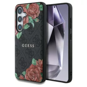   Guess Leather 4G Flowers Print Metal Classic Logo MagSafe Samsung Galaxy S25 készülékhez tok fekete