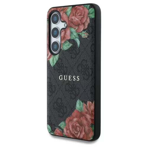 Guess Leather 4G Flowers Print Metal Classic Logo MagSafe Samsung Galaxy S25 készülékhez tok fekete