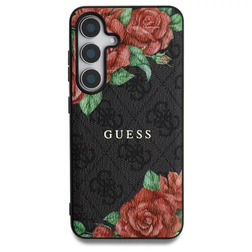 Guess Leather 4G Flowers Print Metal Classic Logo MagSafe Samsung Galaxy S25 készülékhez tok fekete