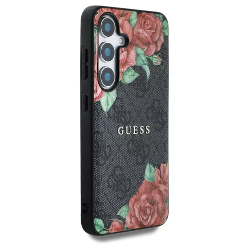 Guess Leather 4G Flowers Print Metal Classic Logo MagSafe Samsung Galaxy S25 készülékhez tok fekete