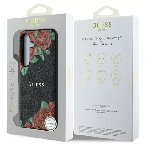 Guess Leather 4G Flowers Print Metal Classic Logo MagSafe Samsung Galaxy S25 készülékhez tok fekete