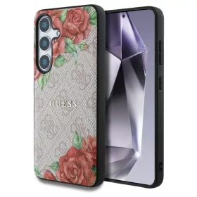   Guess bőr 4G virágmintás fém klasszikus logó MagSafe Samsung Galaxy S25 készülékhez tok rózsaszín