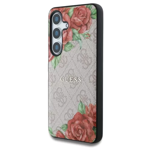 Guess bőr 4G virágmintás fém klasszikus logó MagSafe Samsung Galaxy S25 készülékhez tok rózsaszín