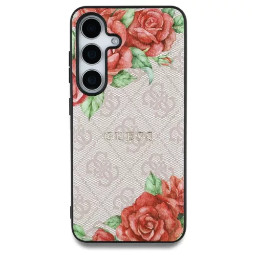 Guess bőr 4G virágmintás fém klasszikus logó MagSafe Samsung Galaxy S25 készülékhez tok rózsaszín