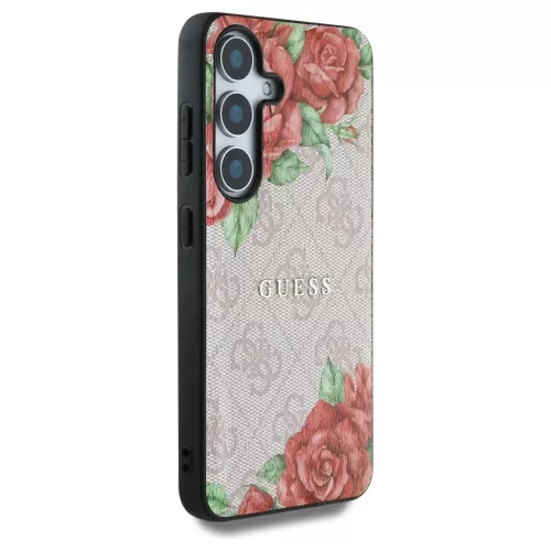 Guess bőr 4G virágmintás fém klasszikus logó MagSafe Samsung Galaxy S25 készülékhez tok rózsaszín
