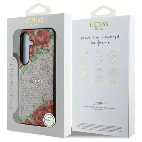 Guess bőr 4G virágmintás fém klasszikus logó MagSafe Samsung Galaxy S25 készülékhez tok rózsaszín