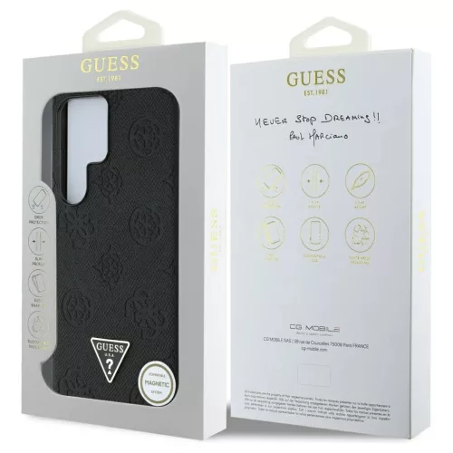 Guess Grained Hot Stamp Peony Pattern Triangle Logo MagSafe tok Samsung Galaxy S25 Ultra készülékhez fekete