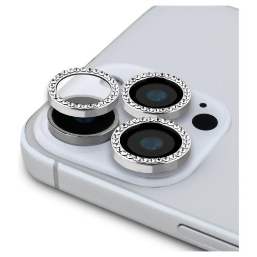 Készlet 2-in-1 Guess BP Rhinestone kijelző- és kamera lencse üvegfólia iPhone 16 Pro Max készülékhez ezüst