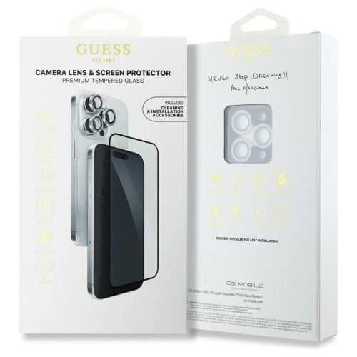 Készlet 2-in-1 Guess BP Rhinestone kijelző- és kamera lencse üvegfólia iPhone 16 Pro Max készülékhez ezüst