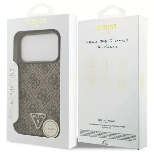Guess Leather 4G Triangle Strass MagSafe tok iPhone 17 Pro készülékhez barna