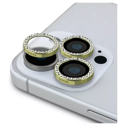 2 az 1-ben készlet Guess BP Rhinestone kijelző- és kameralencsi üveg iPhone 16 Pro Max készülékhez arany