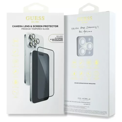 2 az 1-ben készlet Guess BP Rhinestone kijelző- és kameralencsi üveg iPhone 16 Pro Max készülékhez arany