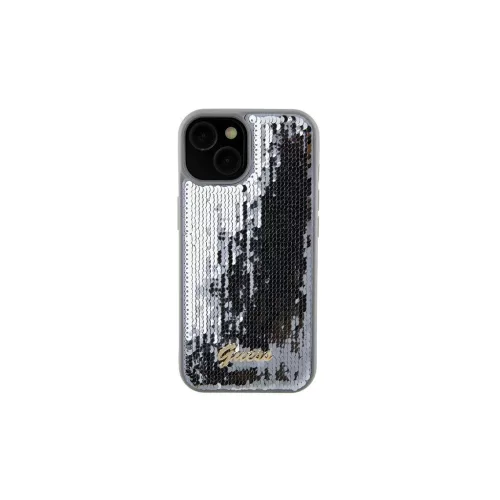 Guess GUHCP15SPSFDGSS iPhone 15 / 14 / 13 készülékhez 6,1 hüvelykes kemény tok Sequin Script Metal ezüst