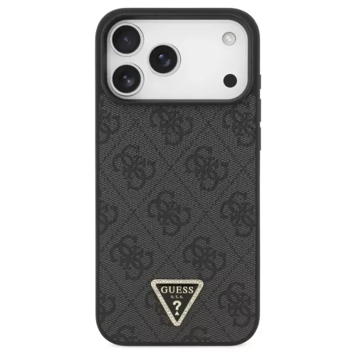 Guess Leather 4G Triangle Strass MagSafe tok iPhone 17 Pro Max készülékhez fekete