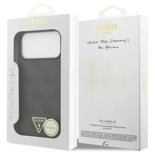 Guess Leather 4G Triangle Strass MagSafe tok iPhone 17 Pro Max készülékhez fekete