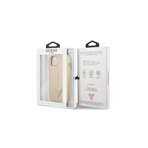 Guess GUHCP13SPSATLE iPhone 13 mini készülékhez kemény tok SaffianoTriangle Logo bézs