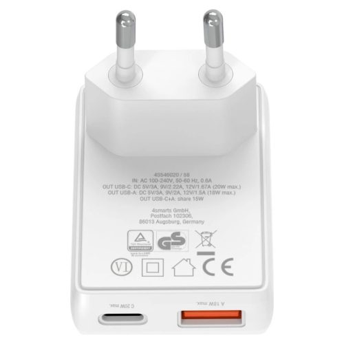 Fal töltő 4smarts FlatPlug Duos 20W GaN USB-C + USB-A fehér