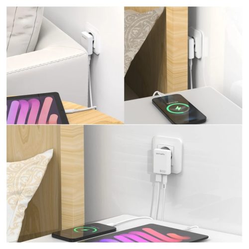 Fal töltő 4smarts FlatPlug Duos 20W GaN USB-C + USB-A fehér