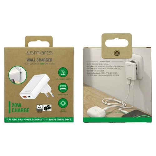 Fal töltő 4smarts FlatPlug Duos 20W GaN USB-C + USB-A fehér