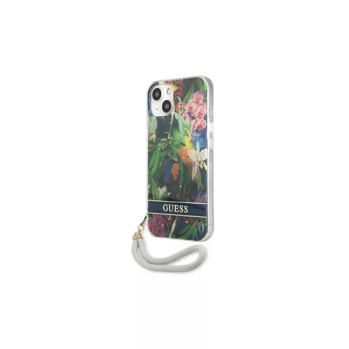 Guess GUHCP13SHFLSB iPhone 13 mini készülékhez kemény tok Flower Strap kék