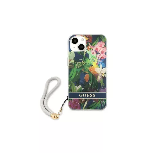 Guess GUHCP13SHFLSB iPhone 13 mini készülékhez kemény tok Flower Strap kék