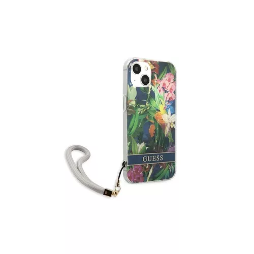Guess GUHCP13SHFLSB iPhone 13 mini készülékhez kemény tok Flower Strap kék