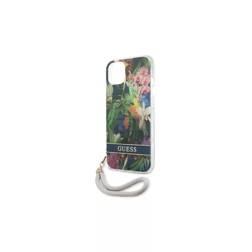 Guess GUHCP13SHFLSB iPhone 13 mini készülékhez kemény tok Flower Strap kék