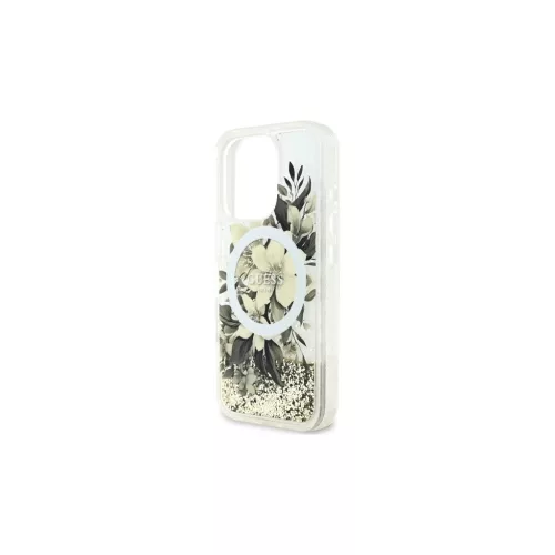 Guess GUHMP16LLFMWTE iPhone 16 Pro 6,3" készülékhez Liquid Glitter Flower MagSafe keménytok bézs
