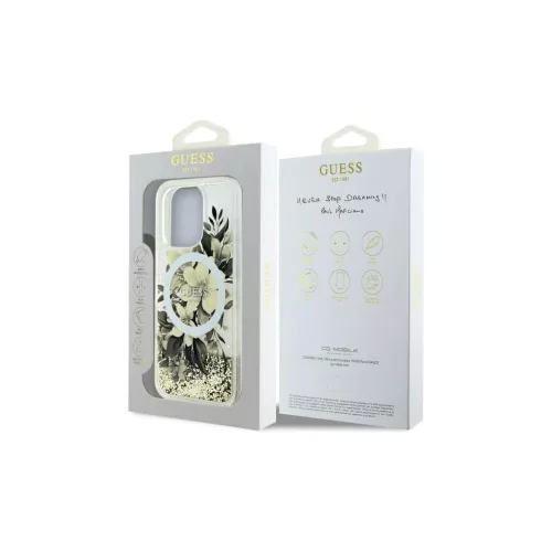 Guess GUHMP16LLFMWTE iPhone 16 Pro 6,3" készülékhez Liquid Glitter Flower MagSafe keménytok bézs