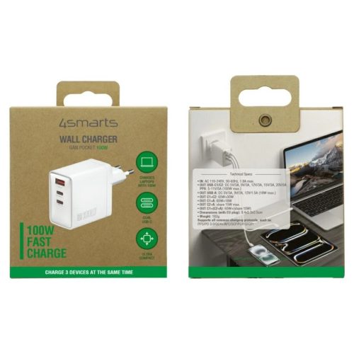 4smarts Pocket GaN 100W fali töltő 2x USB-C + USB-A fehér
